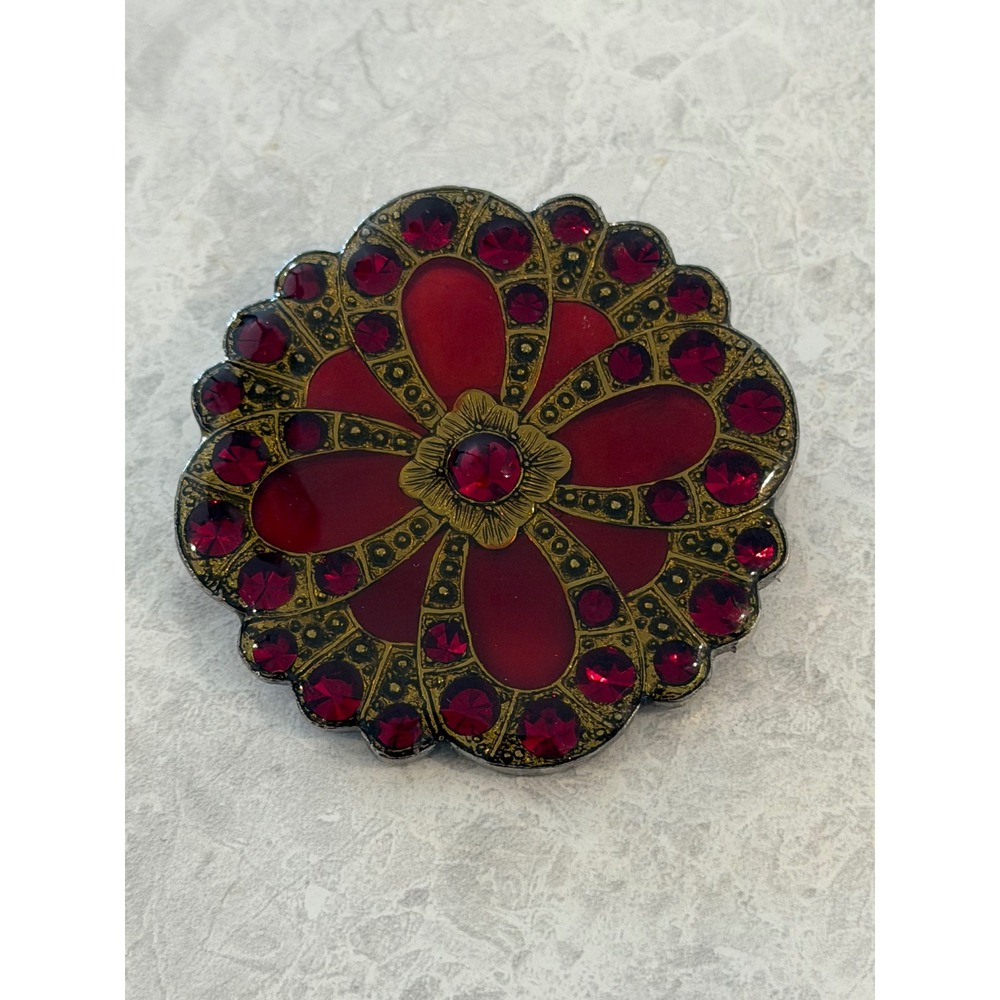 Vintage Red Enamel Rhinestone Floral Mandala Brooch Antiqued Gold Tone Pin